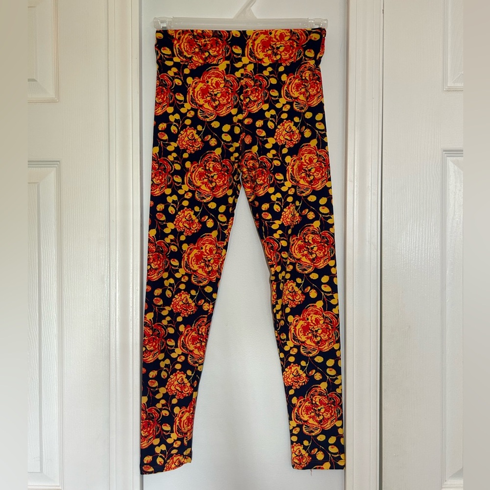 Navy LuLaRoe Leggings with Red and Yellow Floral Design